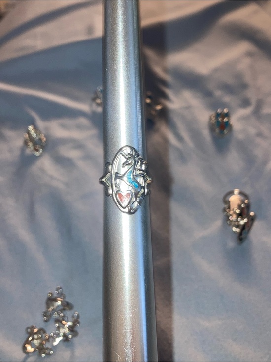 Jewelry - Sterling Silver Heart & Unicorn Inlay Ring - Silver with Blue & Pink Accents